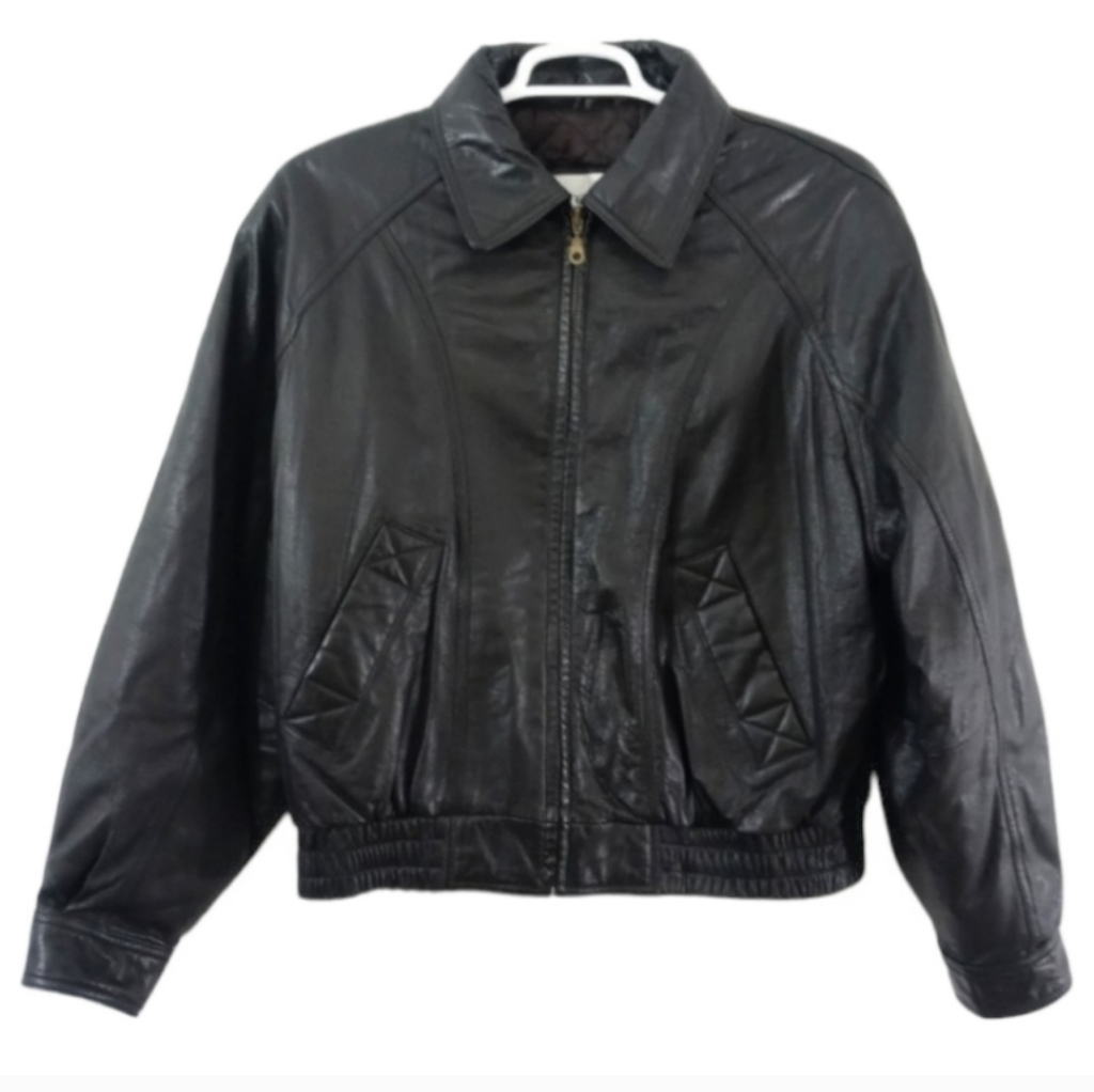 Towne By London Fog Leather Quilted Lined Bomber Pockets Dark Brown Jacket